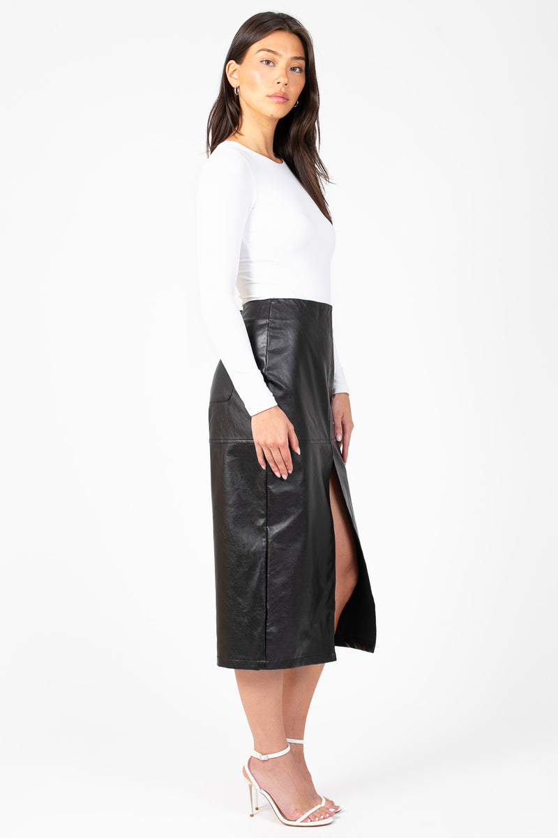 Bethany Leather Slit Midi Skirt - honey