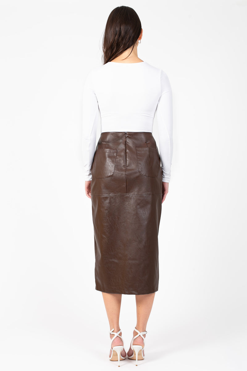 Bethany Leather Slit Midi Skirt - honey