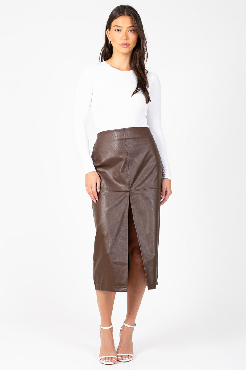 Bethany Leather Slit Midi Skirt - honey