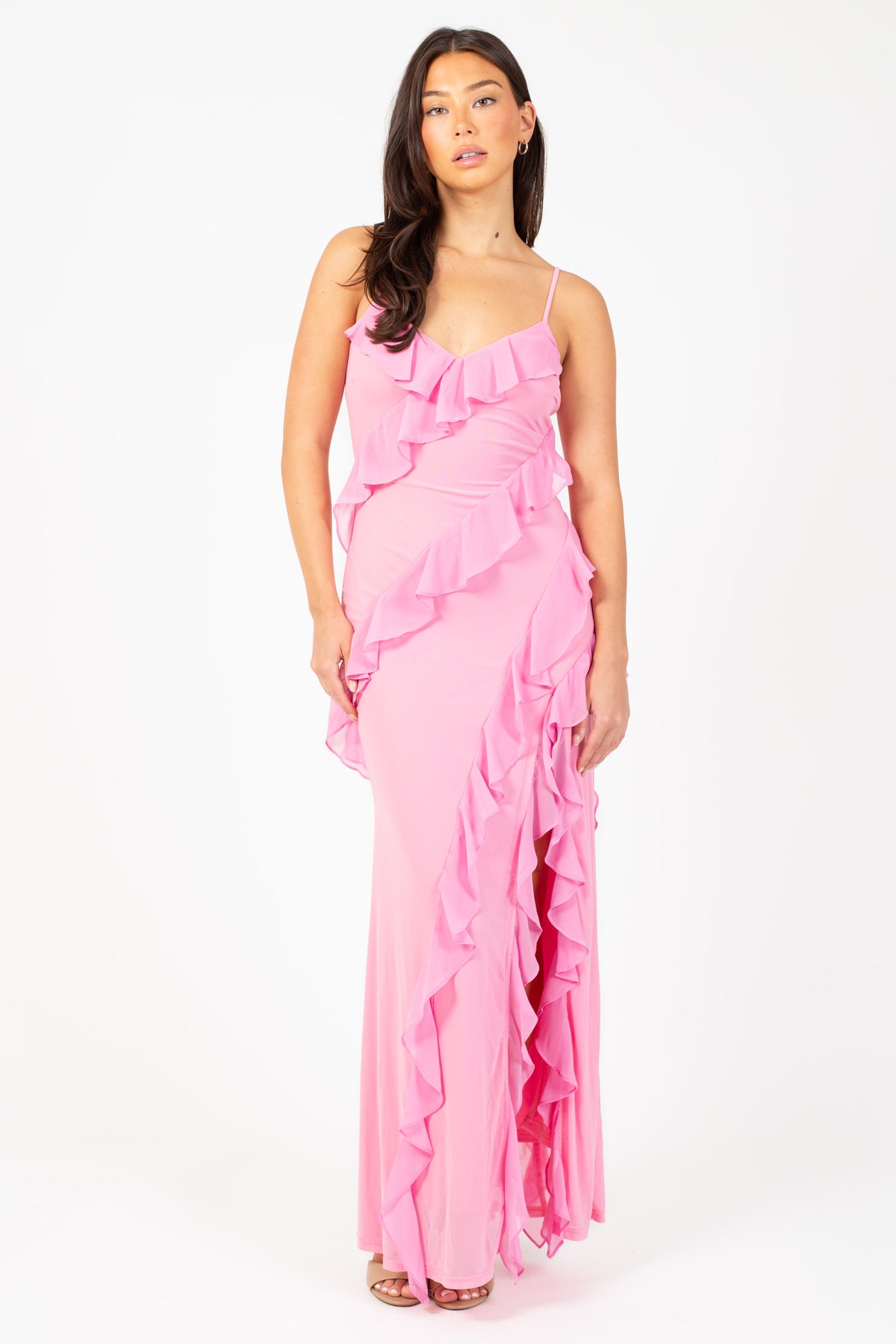 aurora ruffle maxi dress Women's Aurora A-line Ruffle Trim Cotton Silk Maxi Dress XS/S/M/L Vanilla/Pink Floral MEAN BLVD S / Vanilla/Pink / Floral