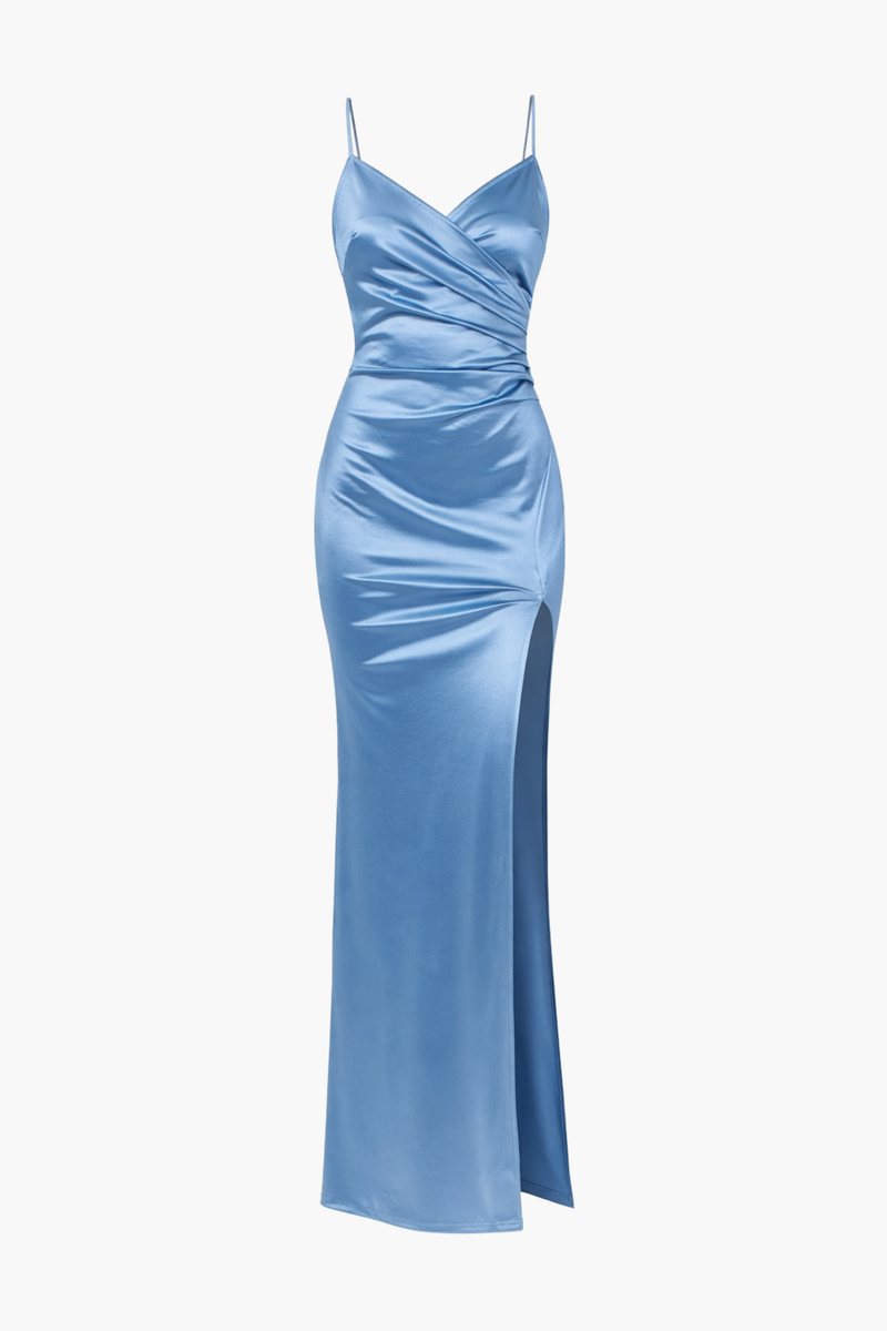 Silky Satin High Slit Ruched Strapless Party Maxi Dress Thea High Slit Satin Maxi Gown honey Silky Satin High Slit Ruched Strapless Party Maxi Dress Thea High Slit Satin Maxi Gown honey