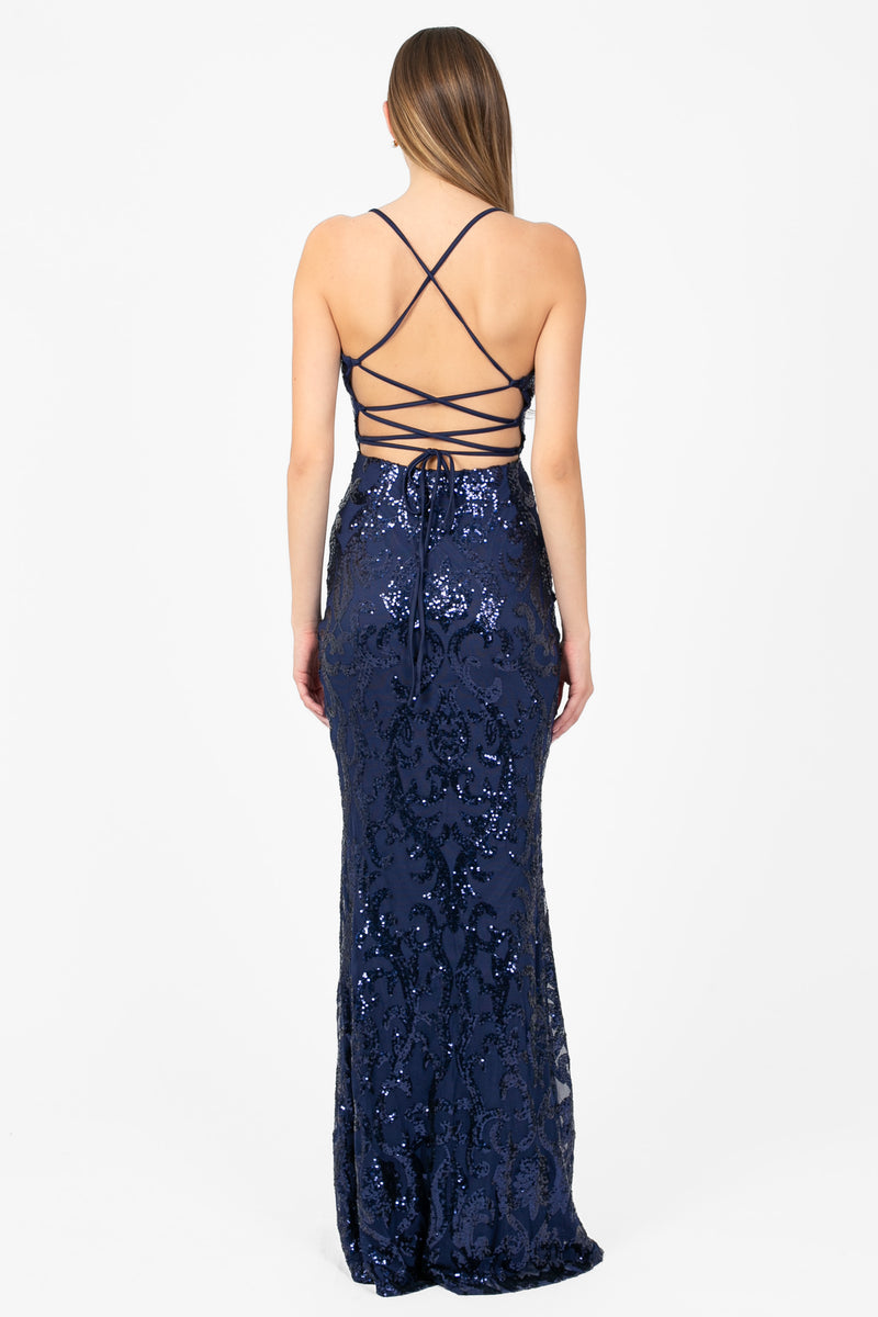 Ariel Strappy High Slit Sequin Gown - honey