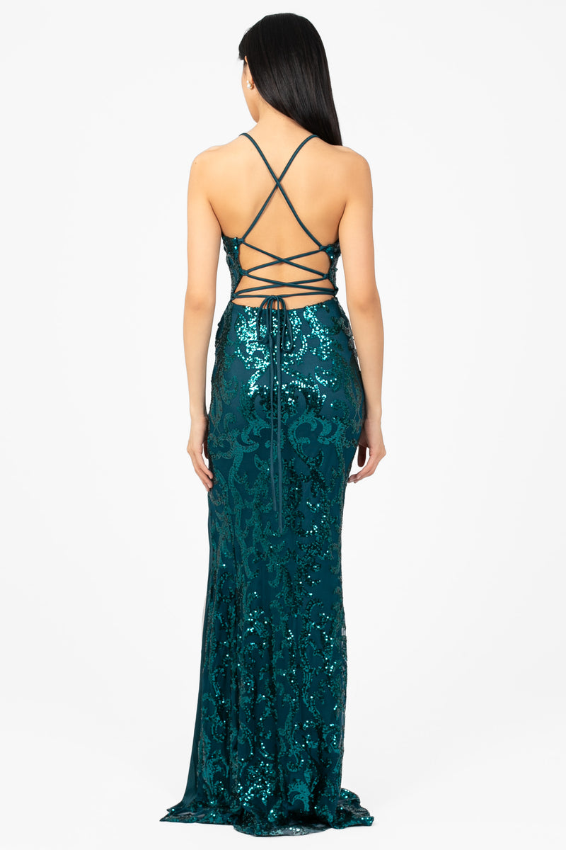 Ariel Strappy High Slit Sequin Gown - honey