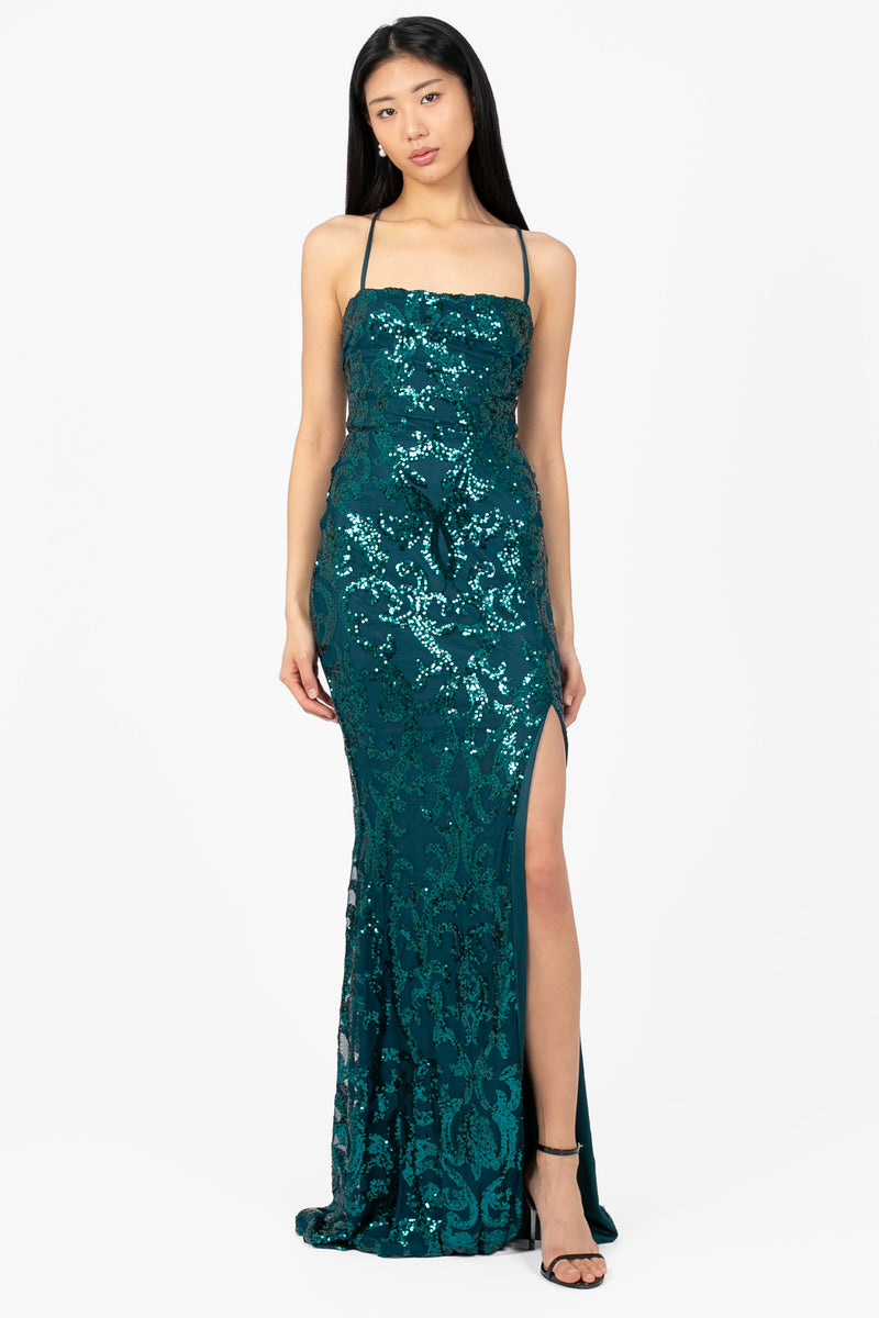 Ariel Strappy High Slit Sequin Gown - honey