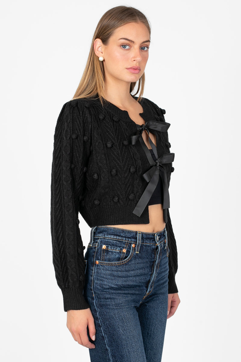 Annaliese Bow Front Knit Pom Pom Cardigan - honey