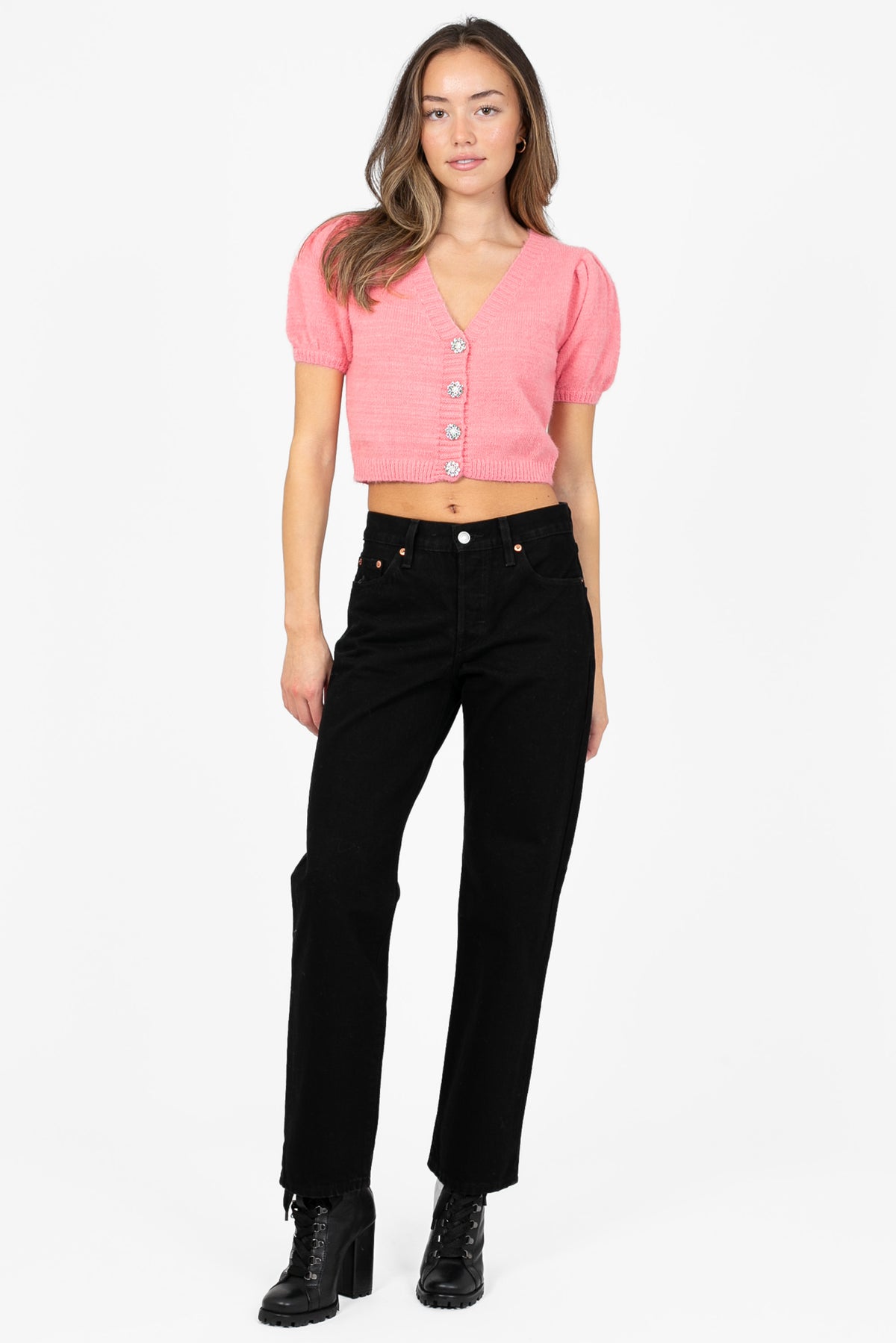 Elora Jewel Button Fuzzy Cardigan - honey