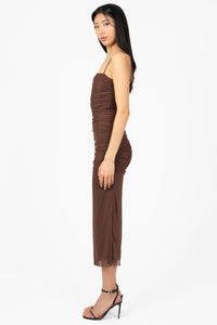 Noelia Ruched Mesh Midi Dress - honey