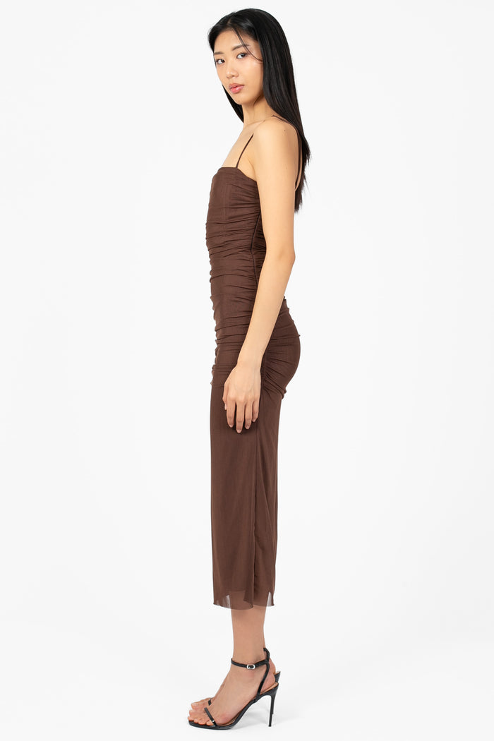 Noelia Ruched Mesh Midi Dress - honey