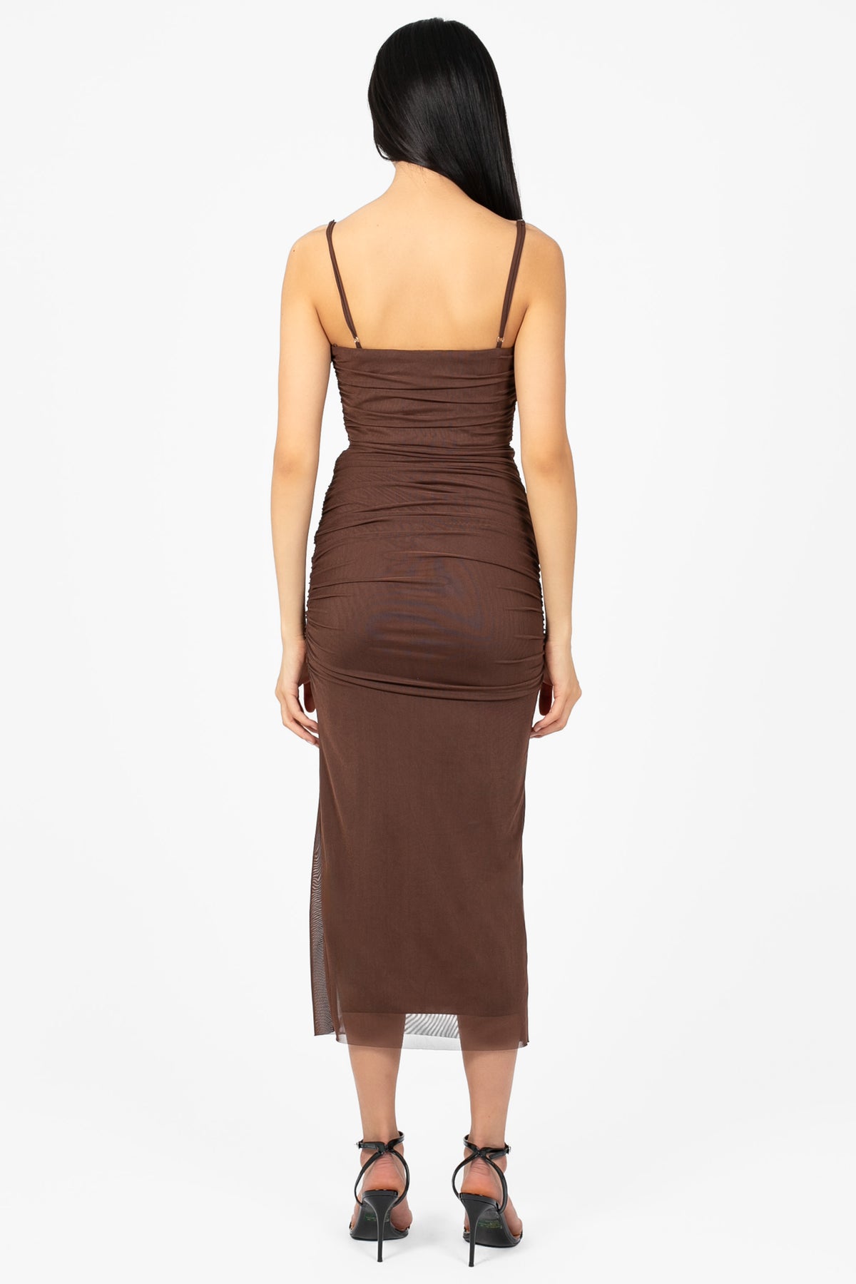 Noelia Ruched Mesh Midi Dress - honey