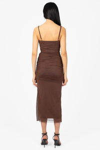 Noelia Ruched Mesh Midi Dress - honey