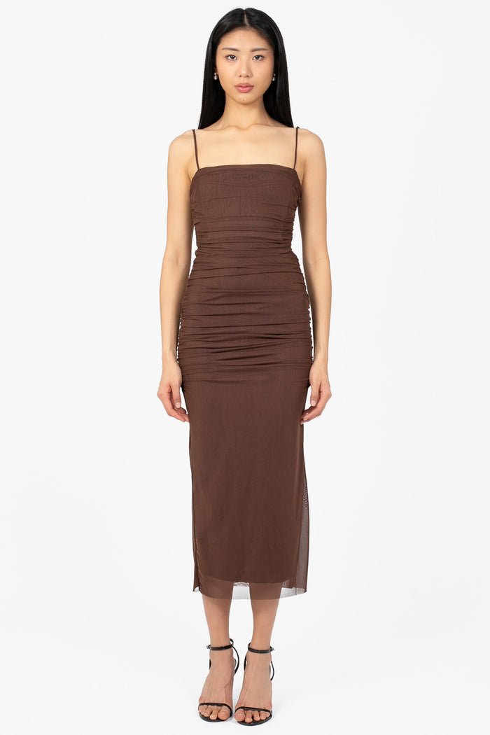 Noelia Ruched Mesh Midi Dress - honey