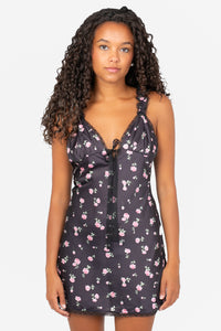 Rosette Lace Trim Floral Mini Dress