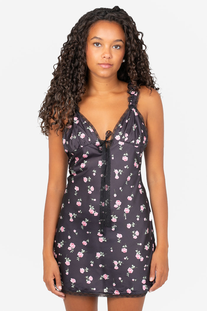 Rosette Lace Trim Floral Mini Dress