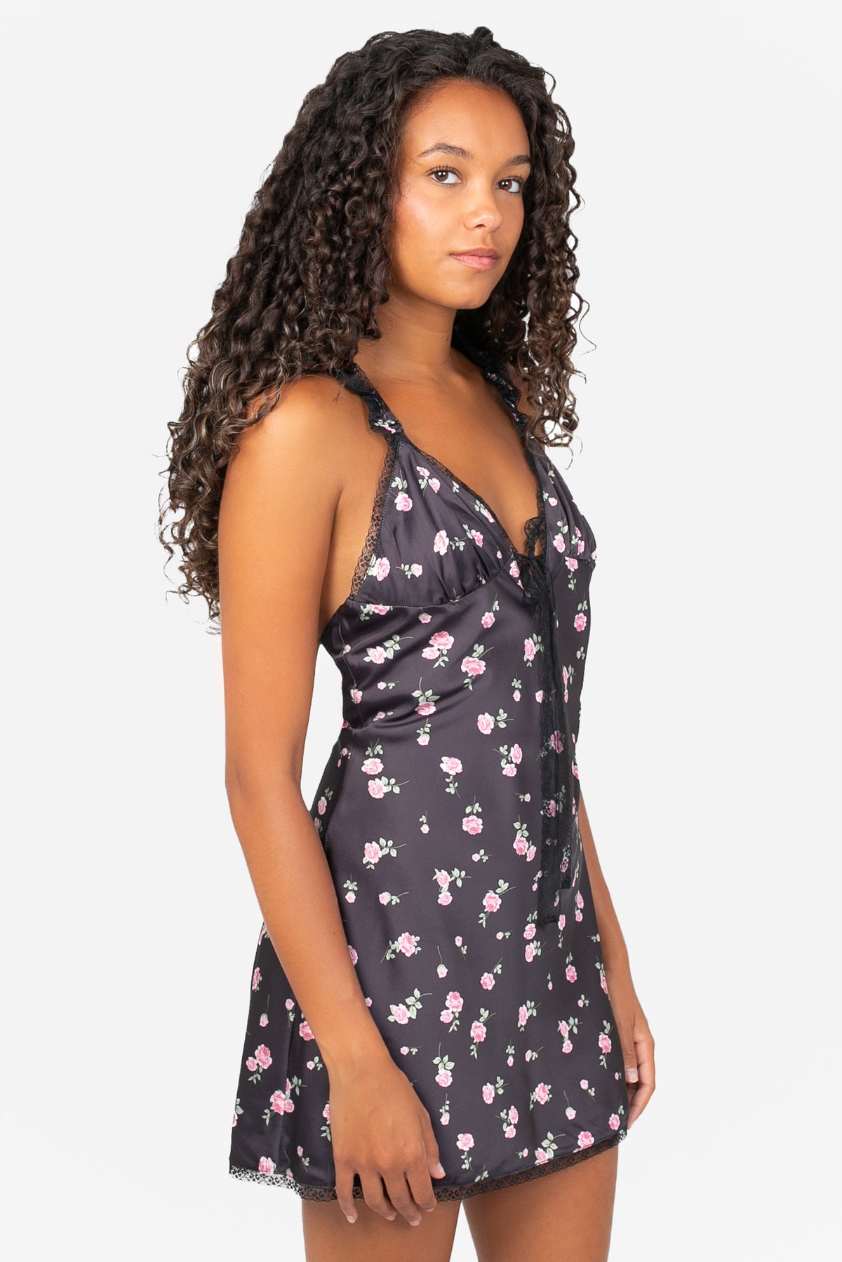 Rosette Lace Trim Floral Mini Dress