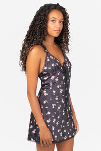 Rosette Lace Trim Floral Mini Dress