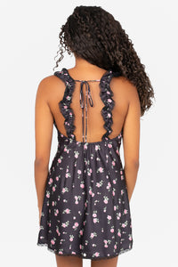 Rosette Lace Trim Floral Mini Dress