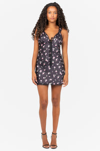 Rosette Lace Trim Floral Mini Dress