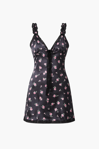Rosette Lace Trim Floral Mini Dress