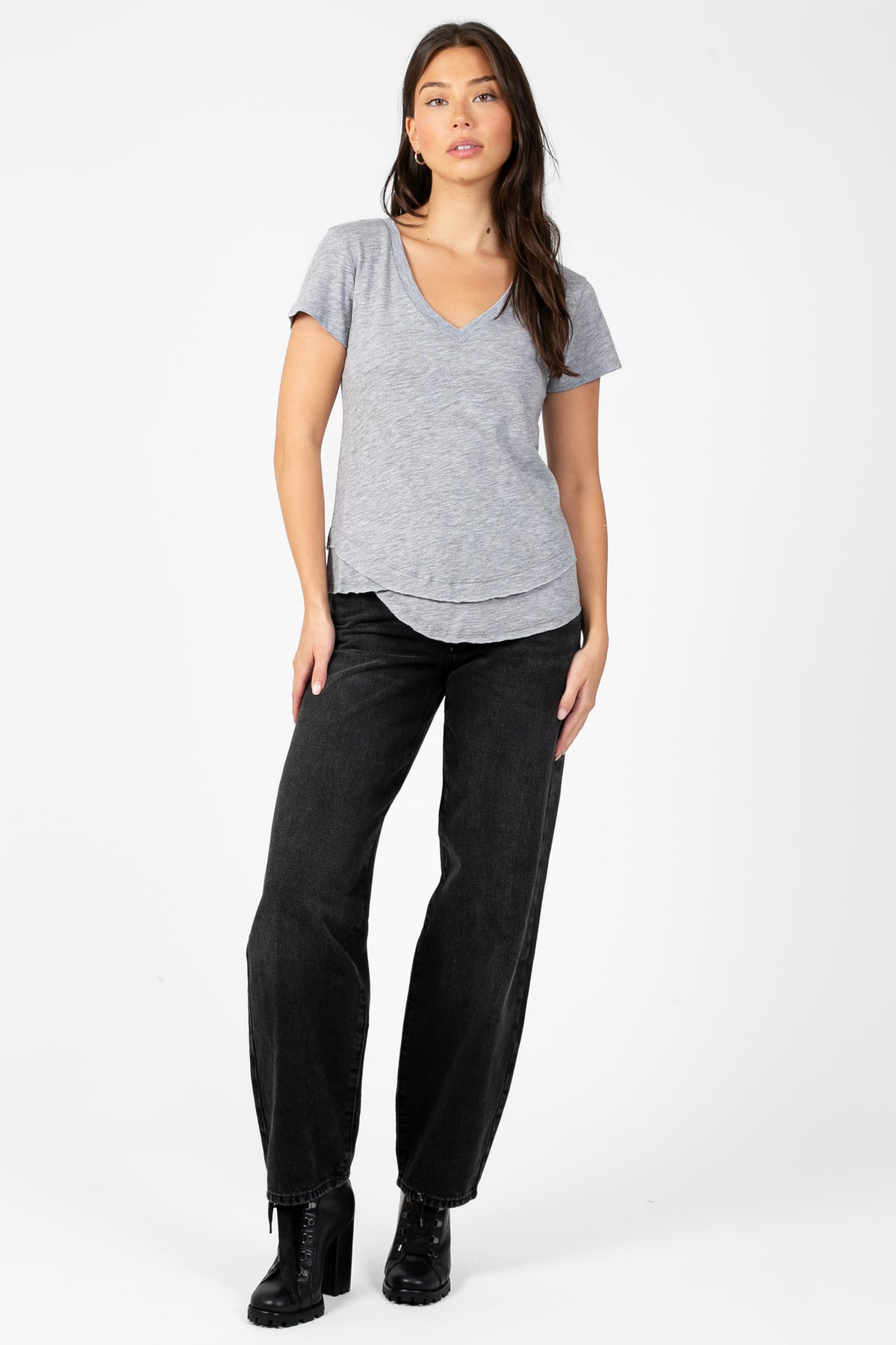 Ava V-Neck Mock Layer T-Shirt - honey