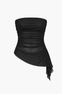 Liana Asymmetrical Ruched Mesh Blouse - honey