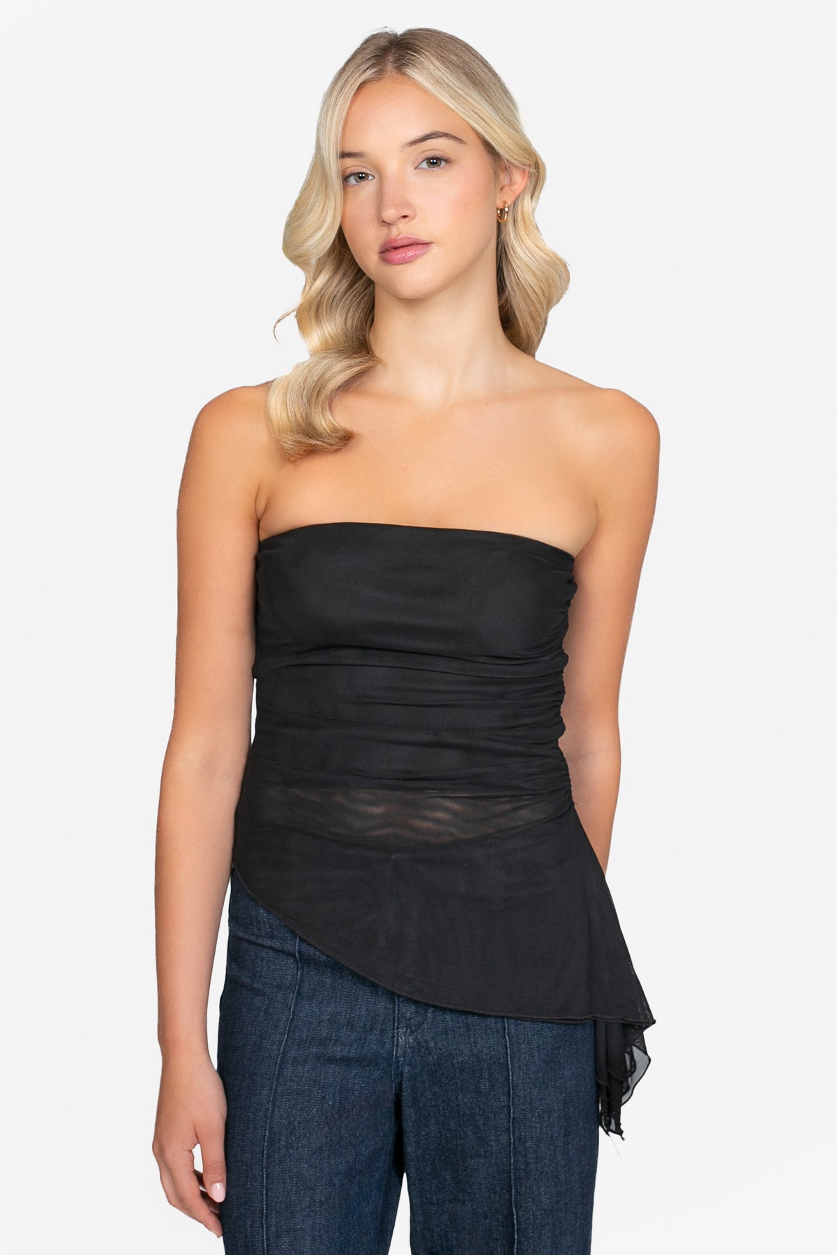 Liana Asymmetrical Ruched Mesh Blouse - honey