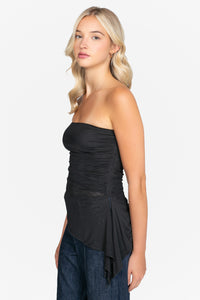 Liana Asymmetrical Ruched Mesh Blouse - honey
