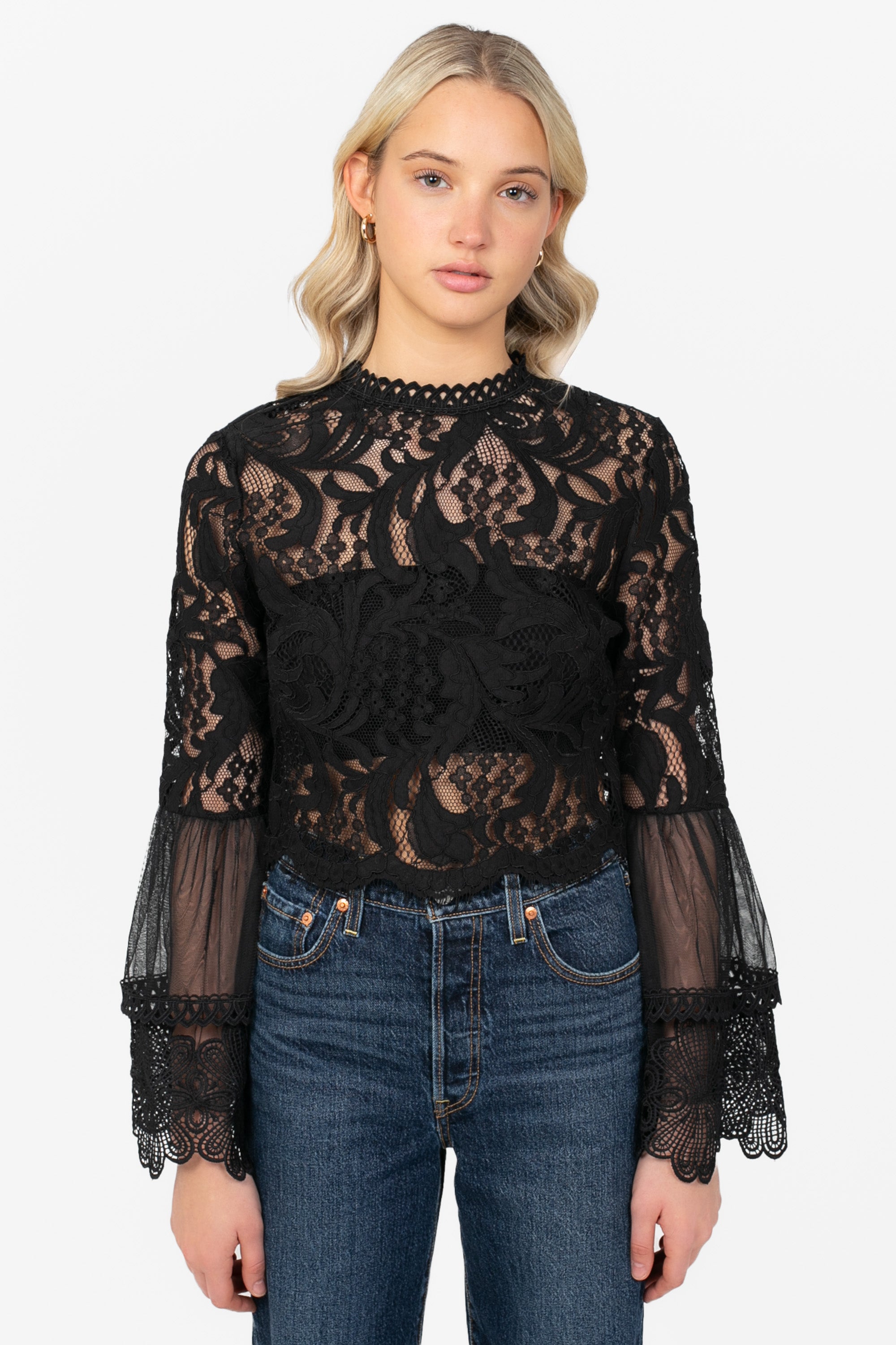 ヒュー DAY TO EVENING BELL-SLEEVE BLOUSE M Addison Lace Bell Sleeve Blouse – honey