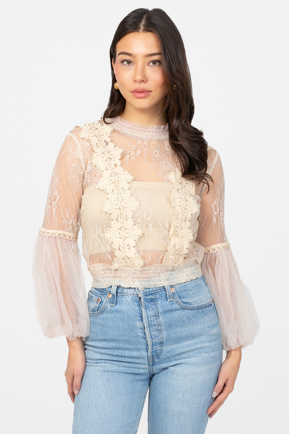 Clara Mesh Lace Crop Blouse - honey