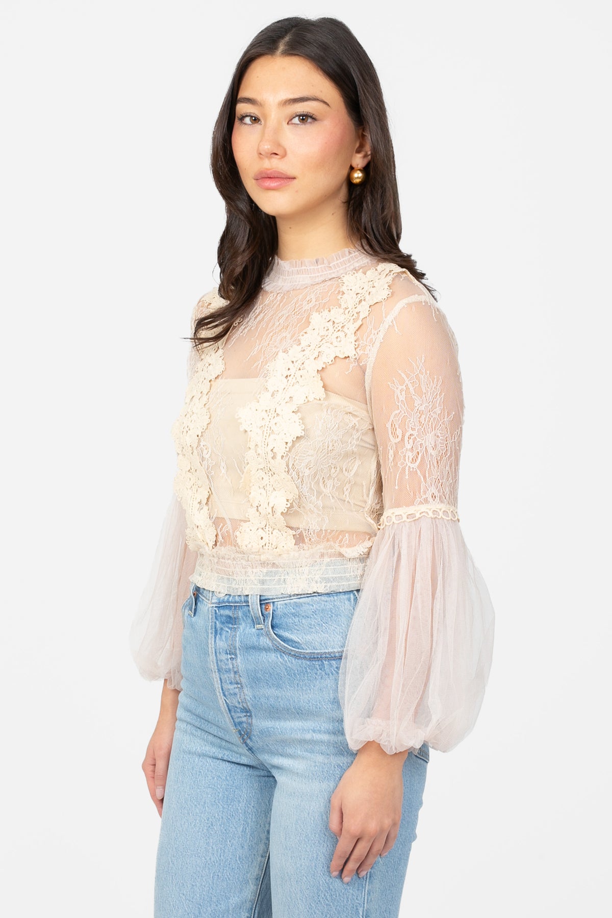 Clara Mesh Lace Crop Blouse - honey