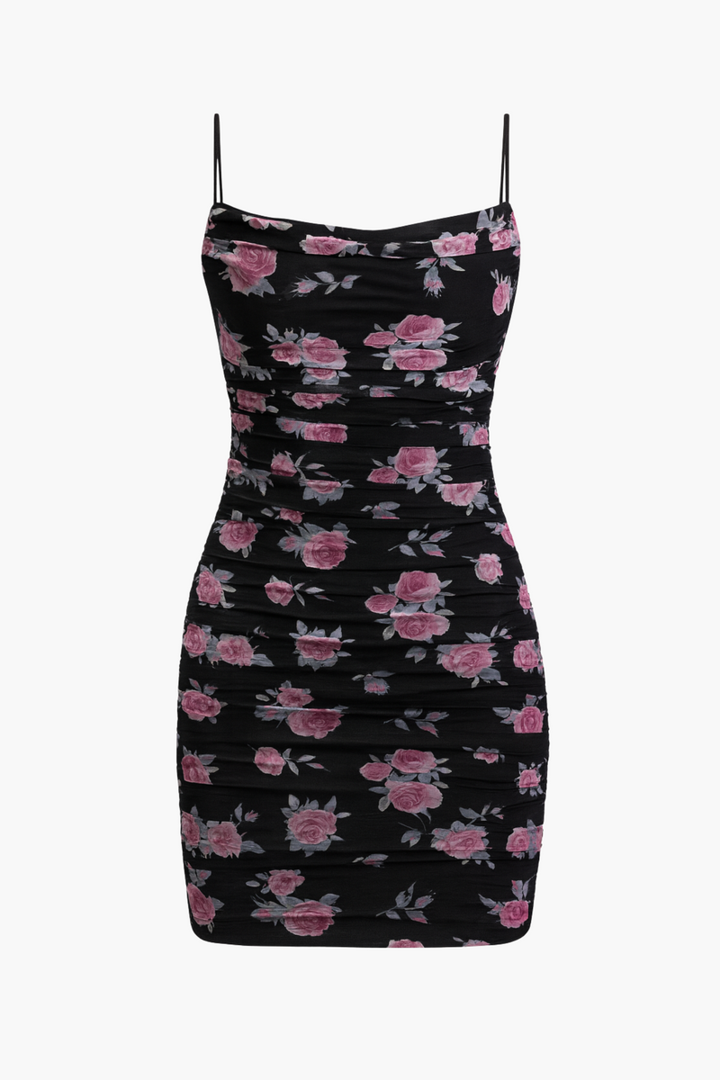 Gemma Floral Mesh Ruched Mini Dress - honey