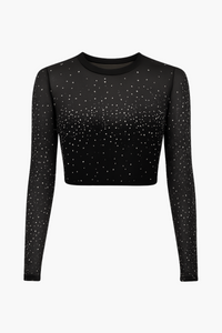 Fame Rhinestone Mesh Long Sleeve Top - honey