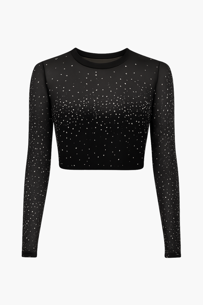 Fame Rhinestone Mesh Long Sleeve Top - honey