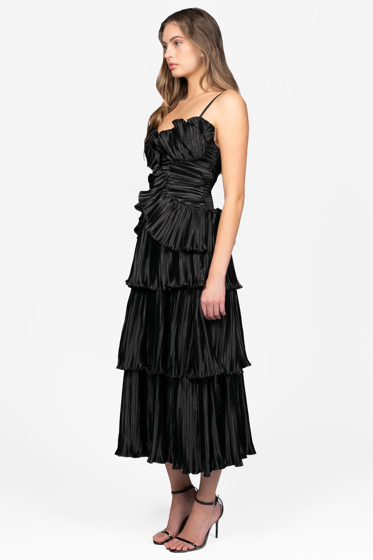 Moonlight Pleated Satin Midi Dress - honey