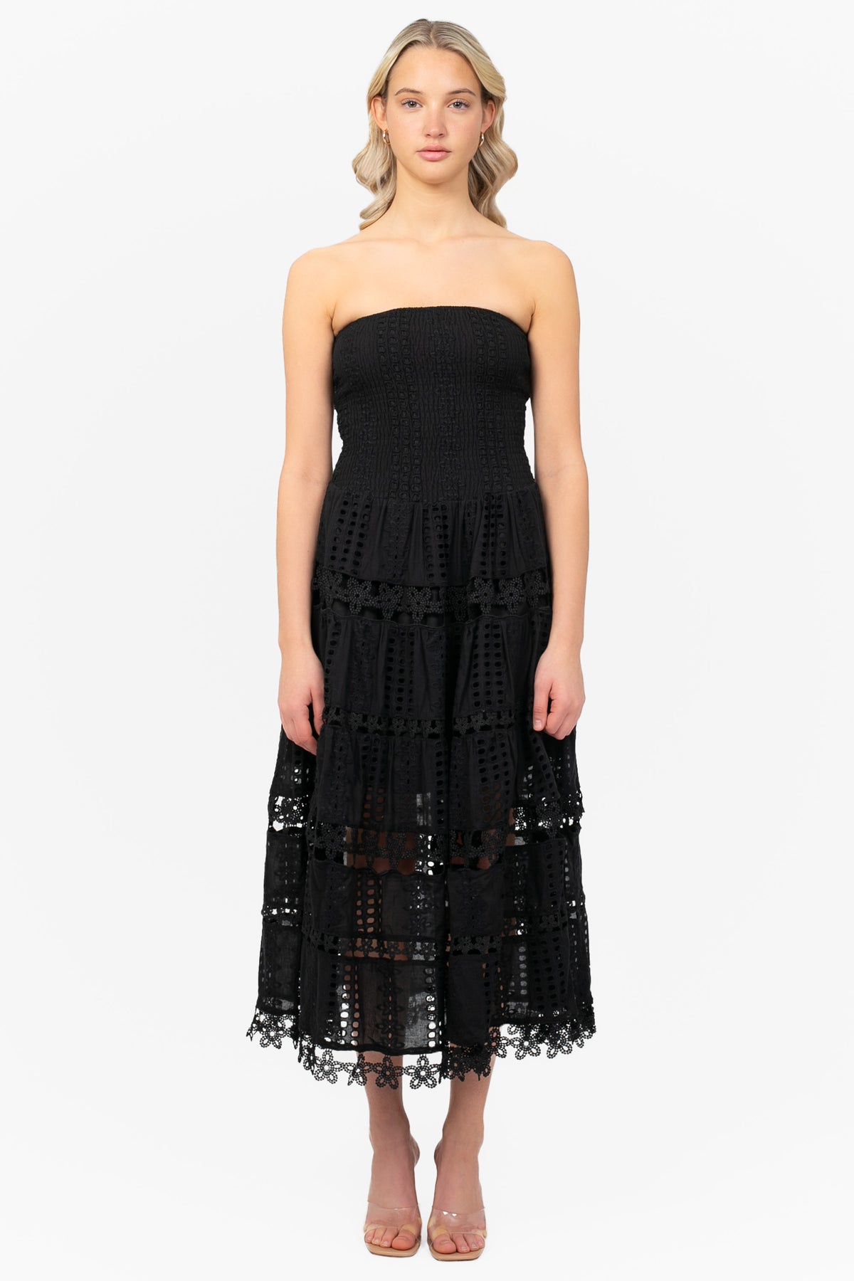 Mia Strapless Eyelet Midi Dress