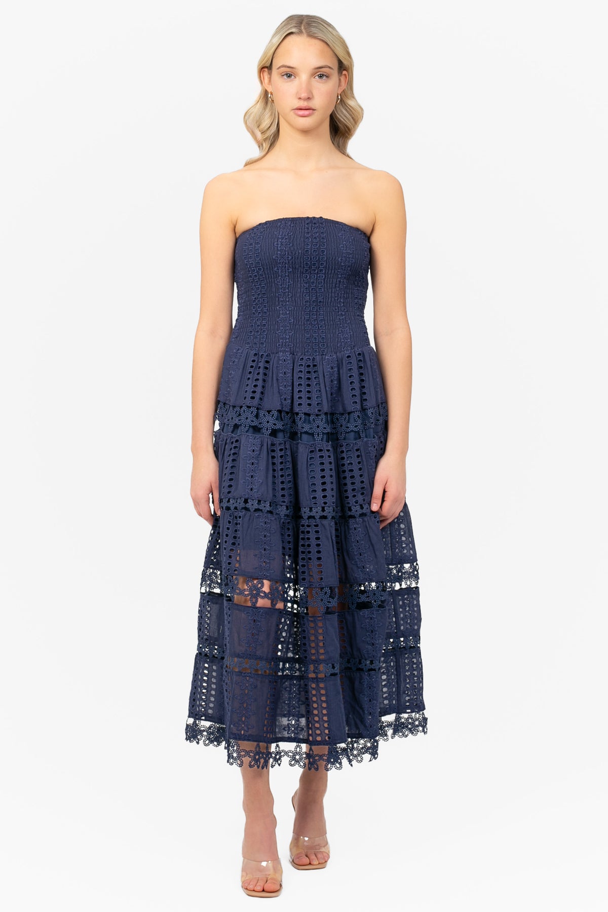 Mia Strapless Eyelet Midi Dress