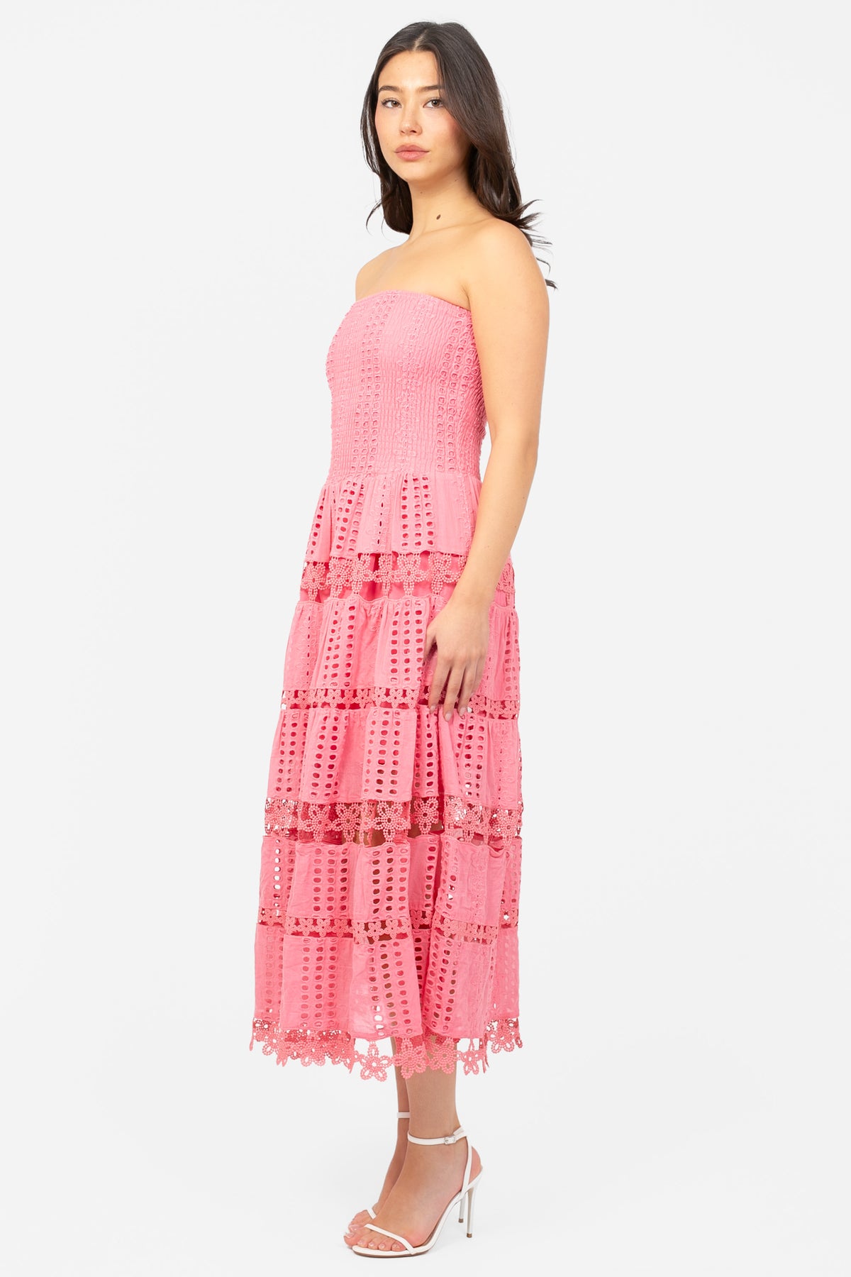 Mia Strapless Eyelet Midi Dress - honey