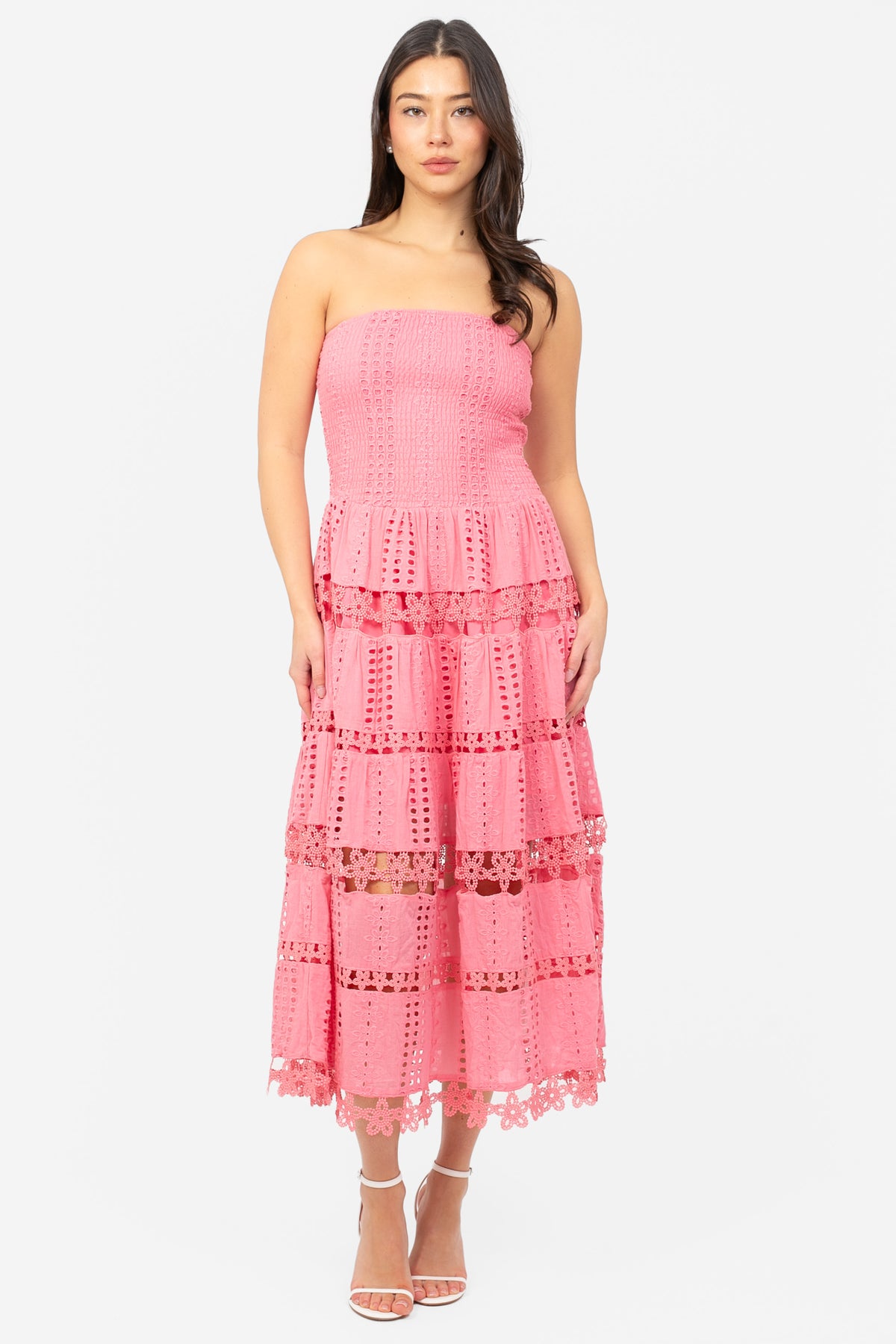 Mia Strapless Eyelet Midi Dress - honey