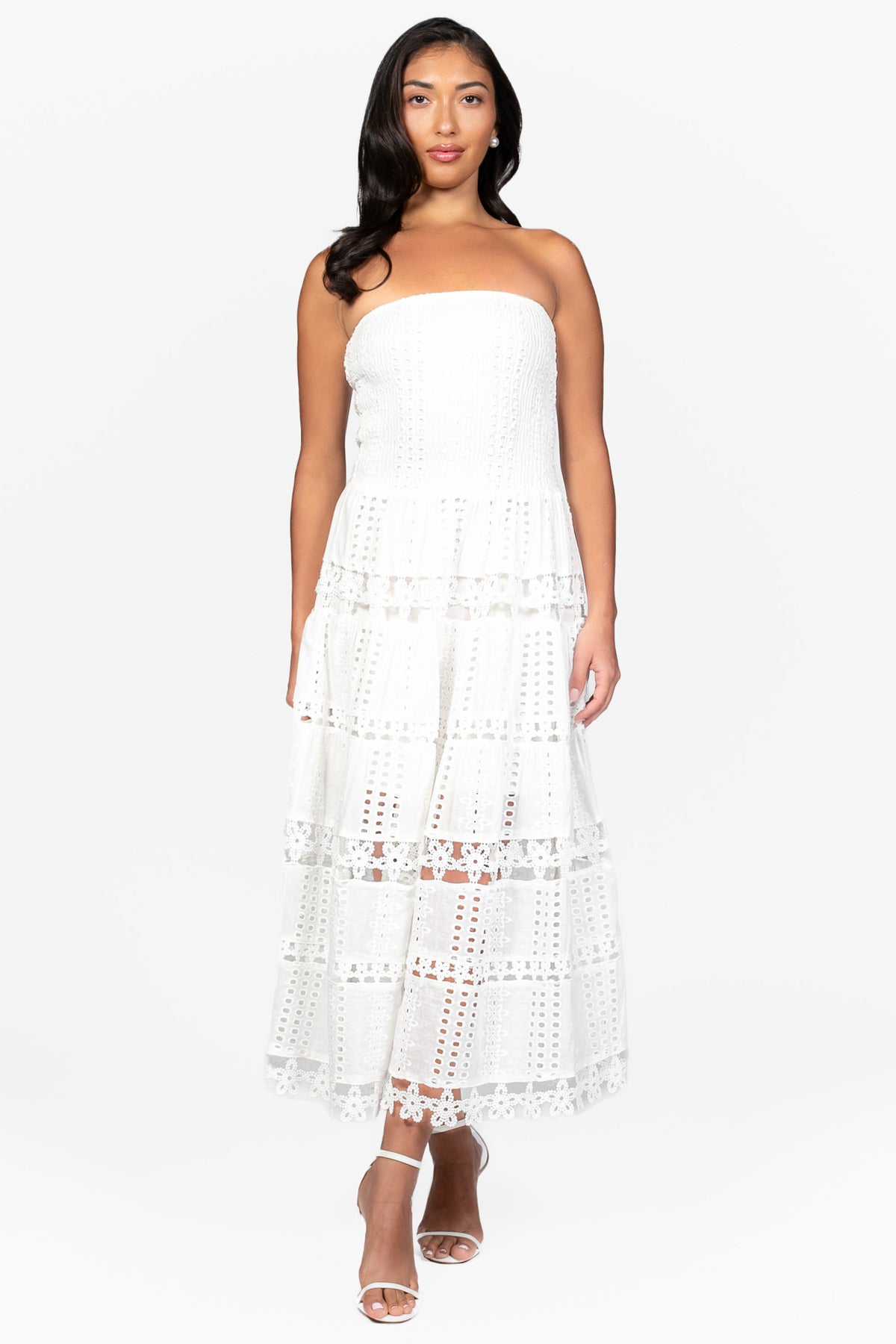 Mia Strapless Eyelet Midi Dress - honey