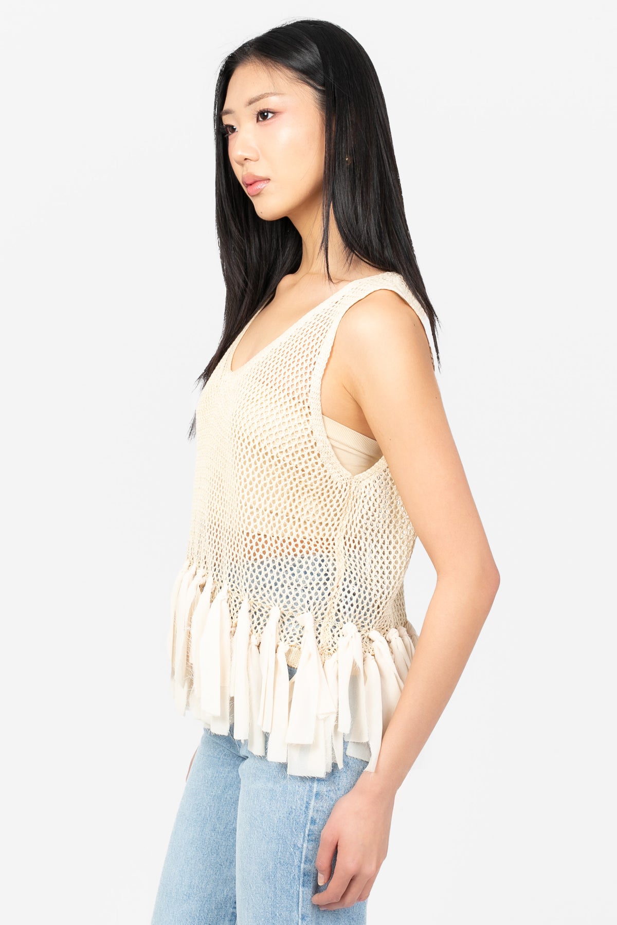 Jules Crochet Chiffon Fringe Top - honey