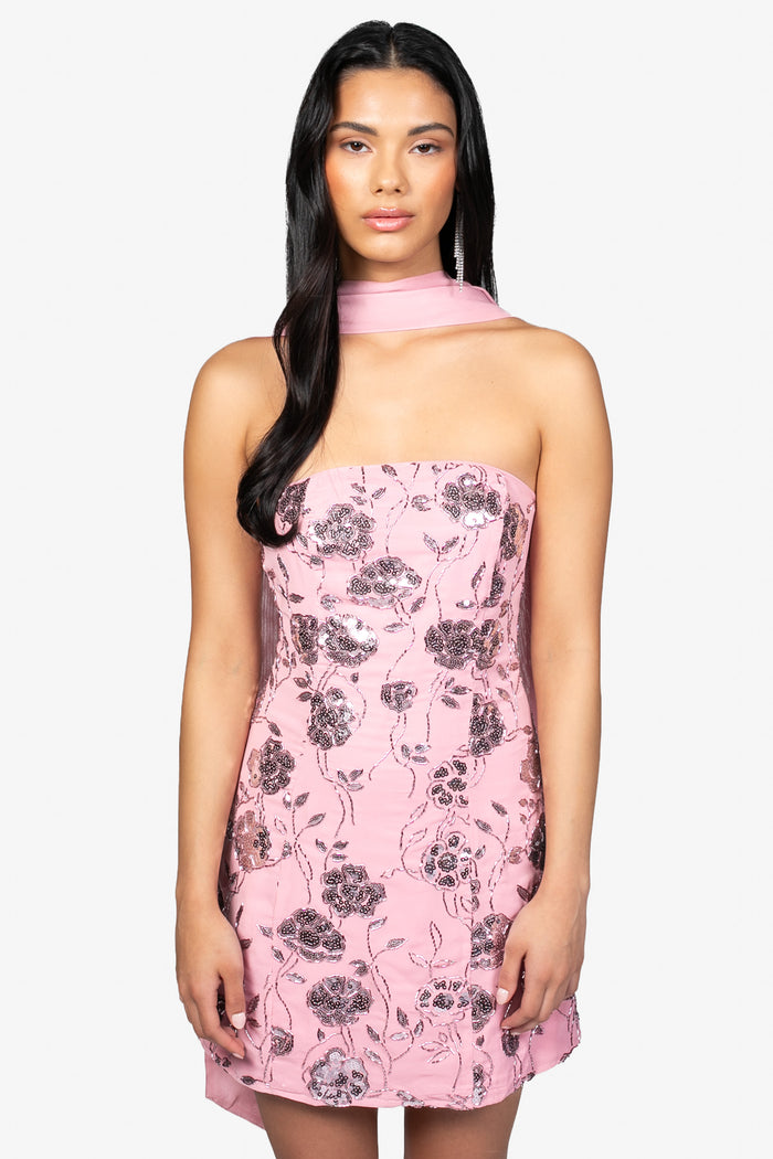 Camille Floral Embellished Mini Dress - honey