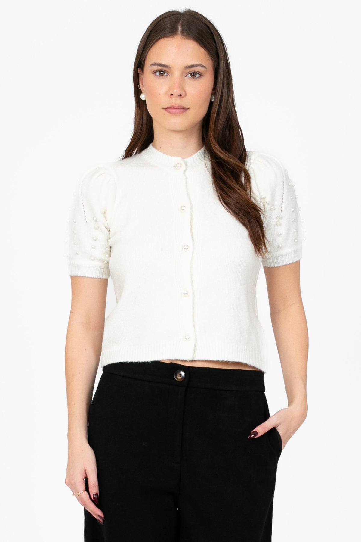 John + Jenn® Arden Pearl Embellished Cardigan - honey