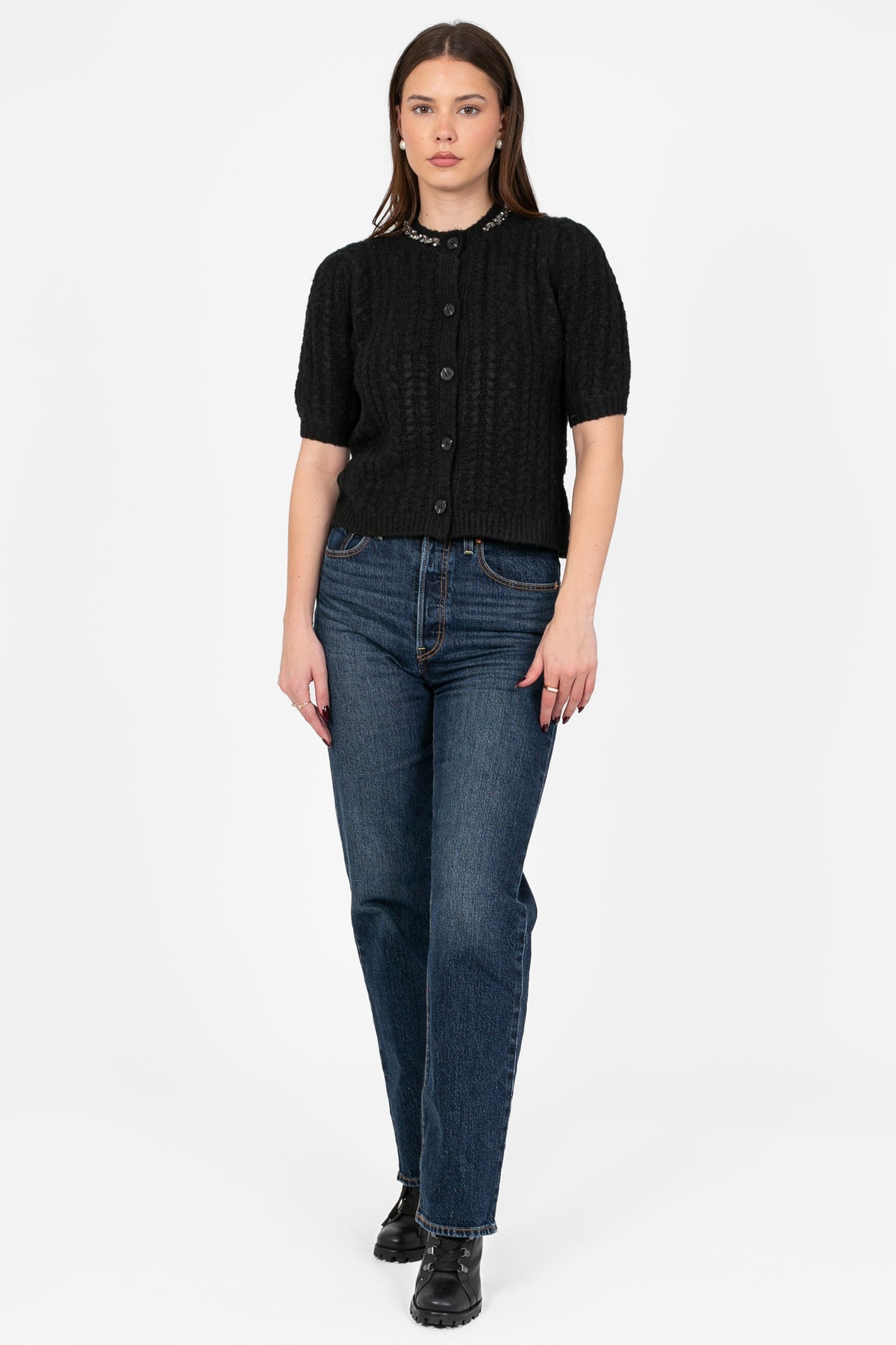 John + Jenn® Maxwell Embellished Neck Cardigan - honey