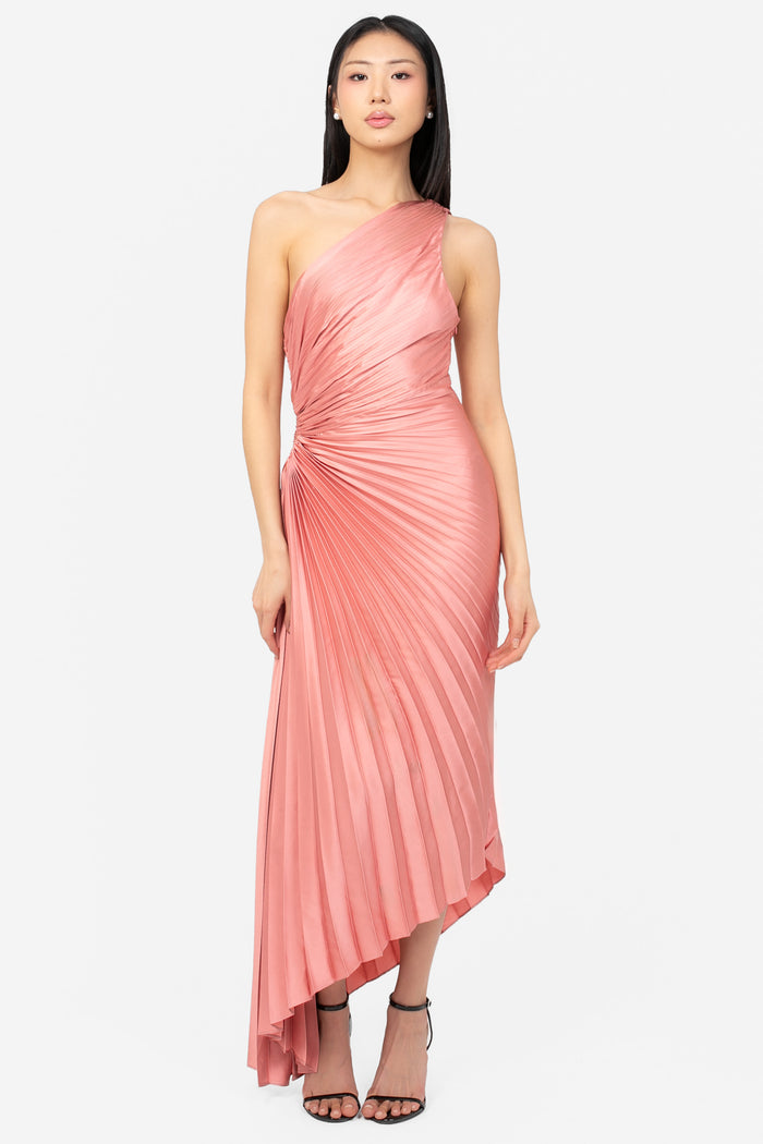 Reagan One Shoulder Pleated Hi Lo Maxi Dress - honey
