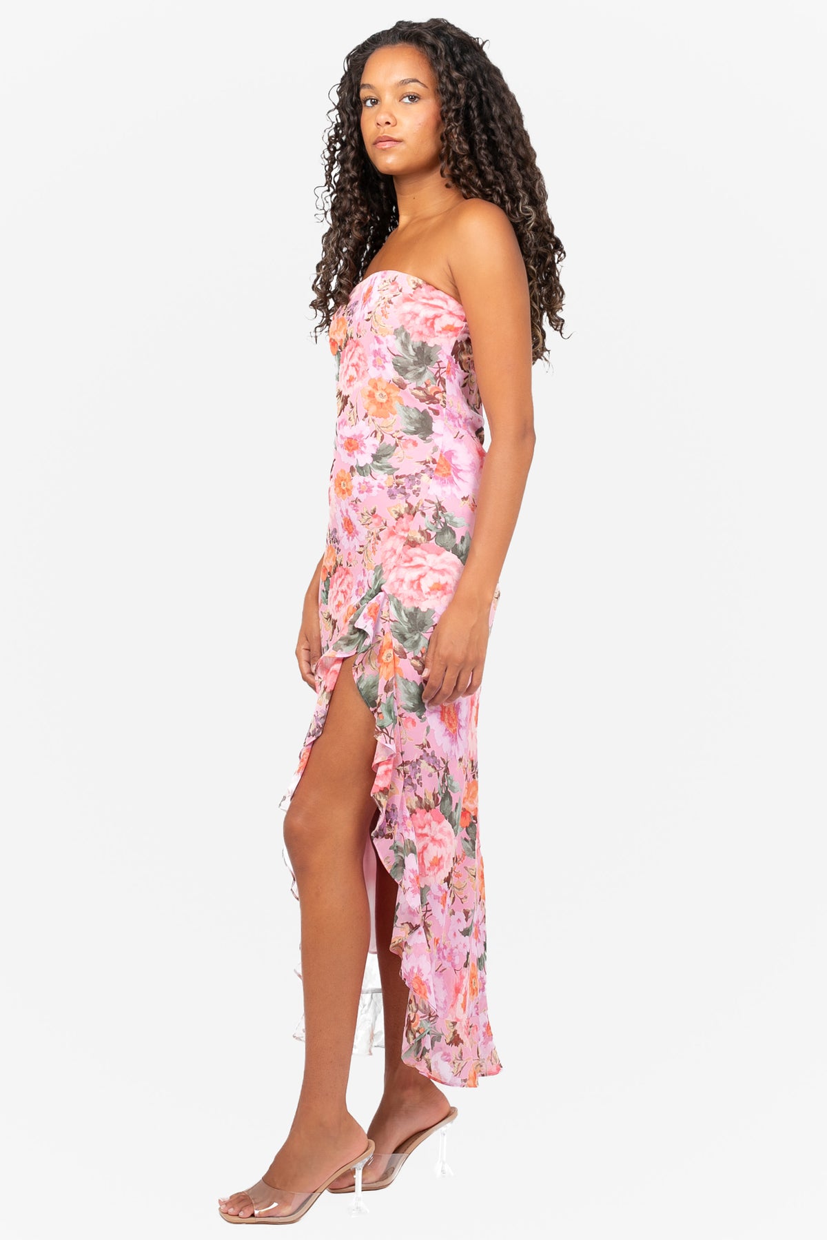 Rhea Strapless Floral Ruffle Maxi Dress