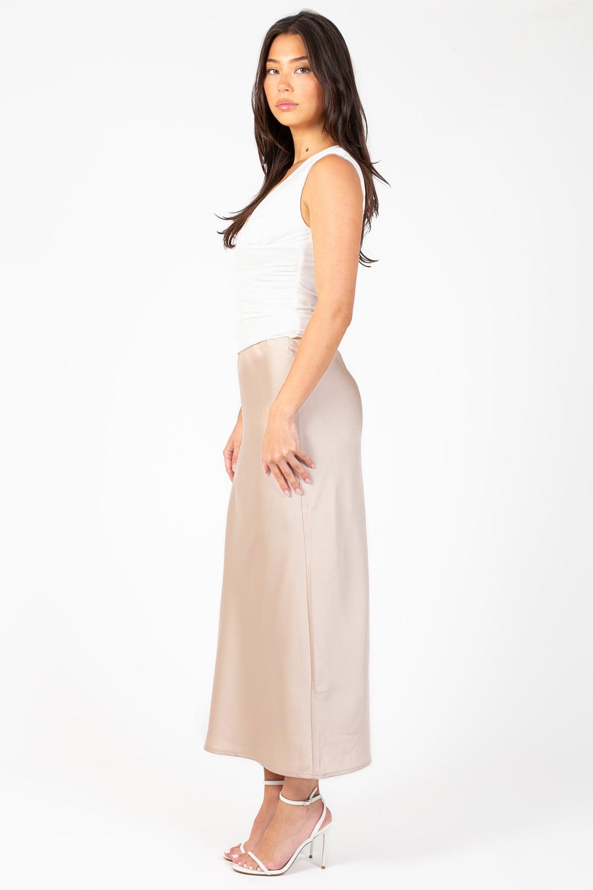 Zaria Satin Slip Midi Skirt - honey