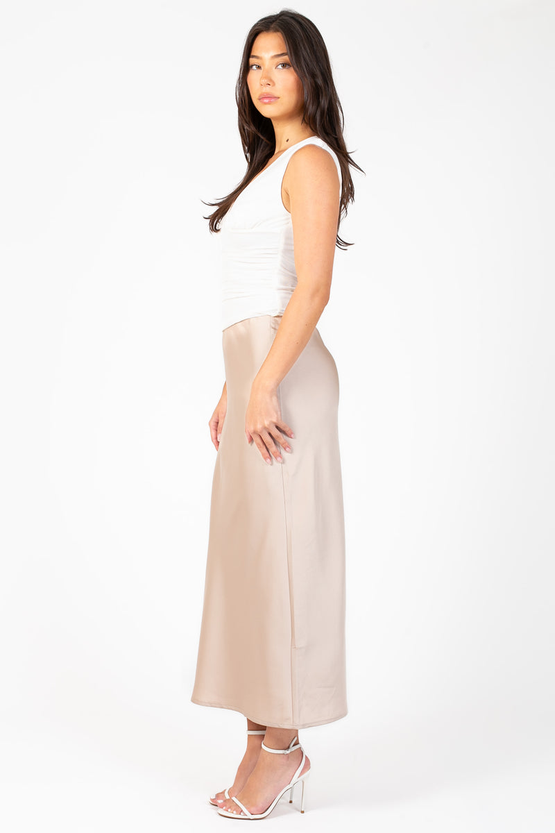 Zaria Satin Slip Midi Skirt - honey
