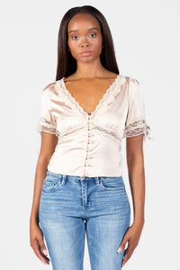 Opaline Lace Trim Satin Blouse - honey