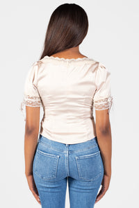 Opaline Lace Trim Satin Blouse - honey