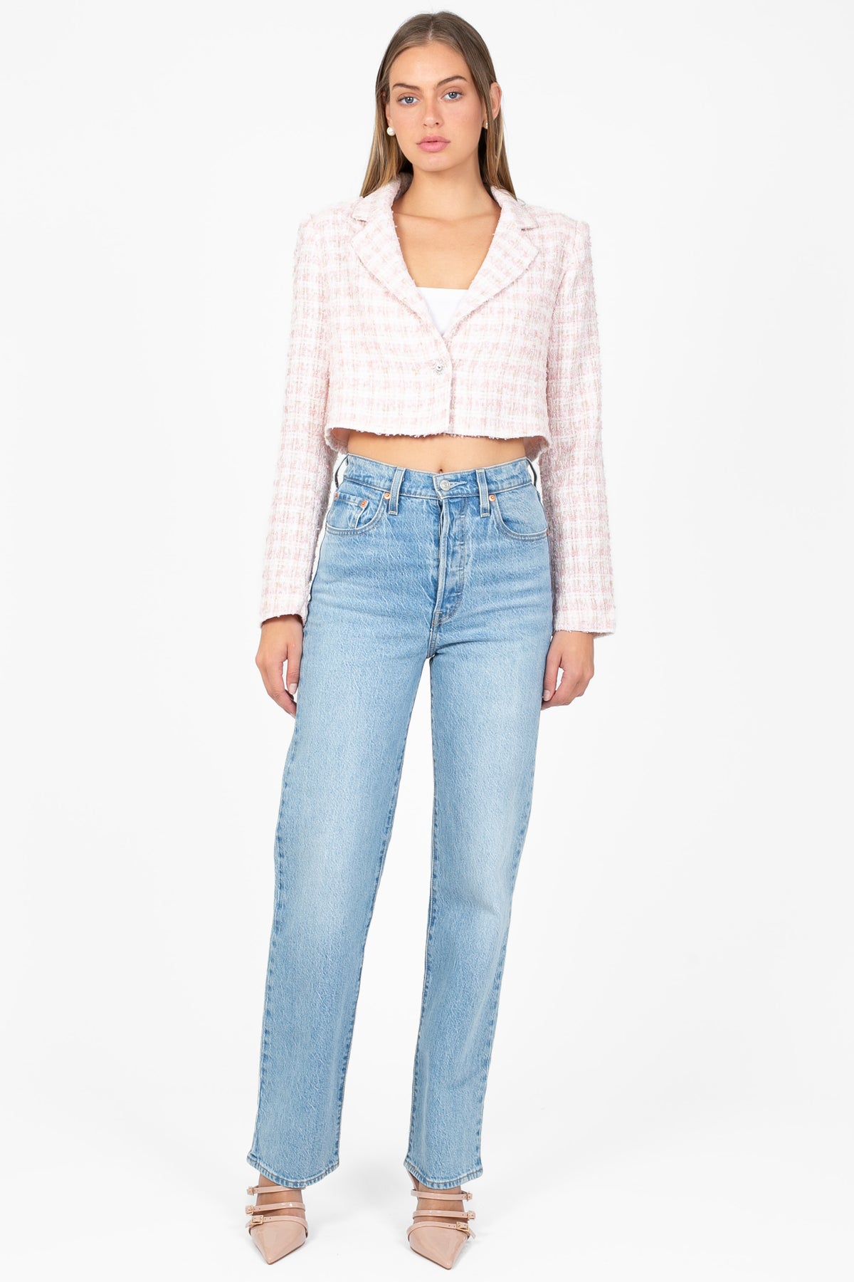 Althea Jewel Button Tweed Crop Blazer - honey