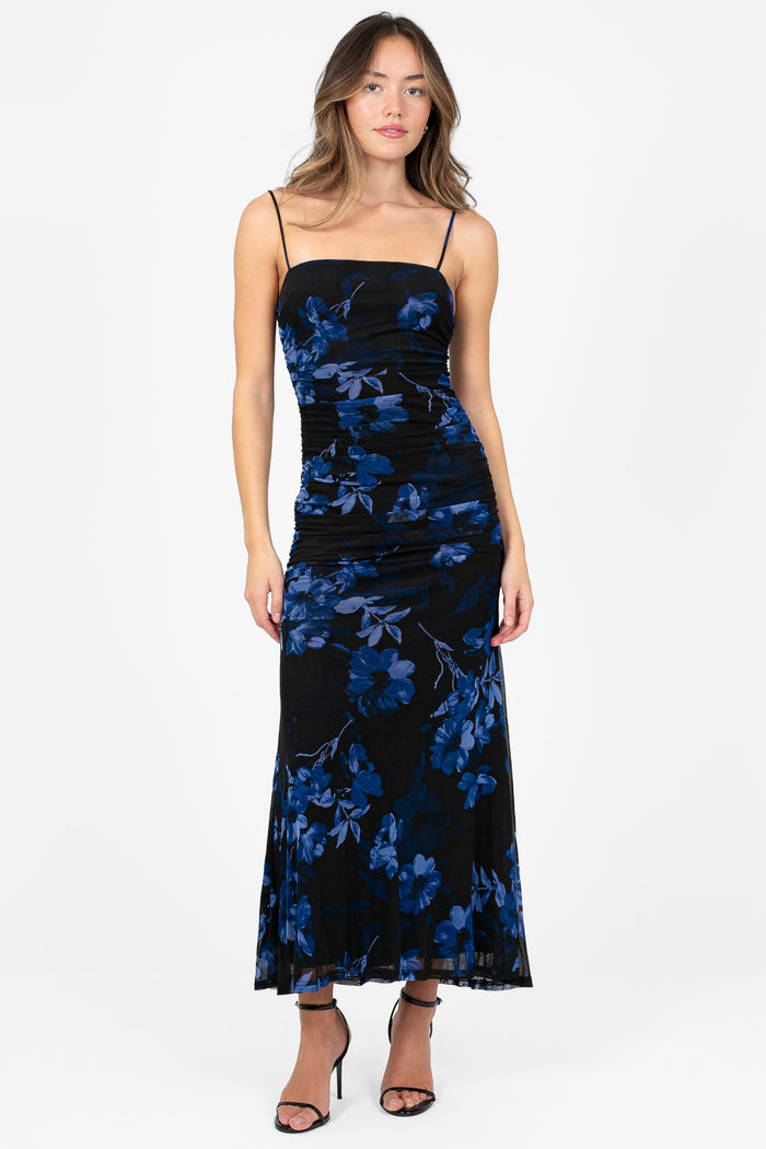 Renata Floral Ruched Midi Dress - honey